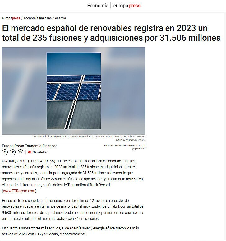 El mercado espaol de renovables registra en 2023 un total de 235 fusiones y adquisiciones por 31.506 millones